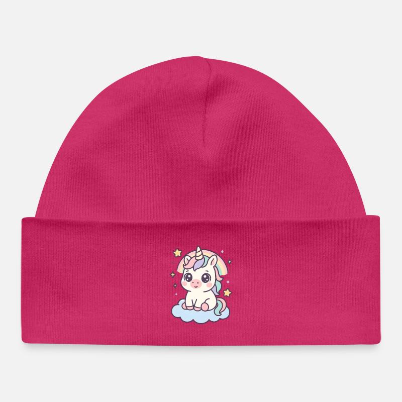 Kawaii Einhorn auf Wolke mit Regenbogen Sterne - Baby Organic Mütze - hot Pink