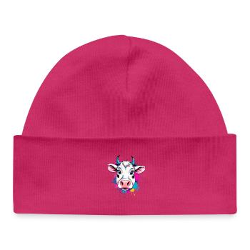 Tête de vache colorée avec éclaboussures de peinture - Bonnet bébé bio - hot pink - Devant