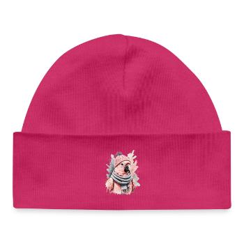 Perroquet rose d’hiver en bonnet tricoté - Bonnet bébé bio - hot pink - Devant