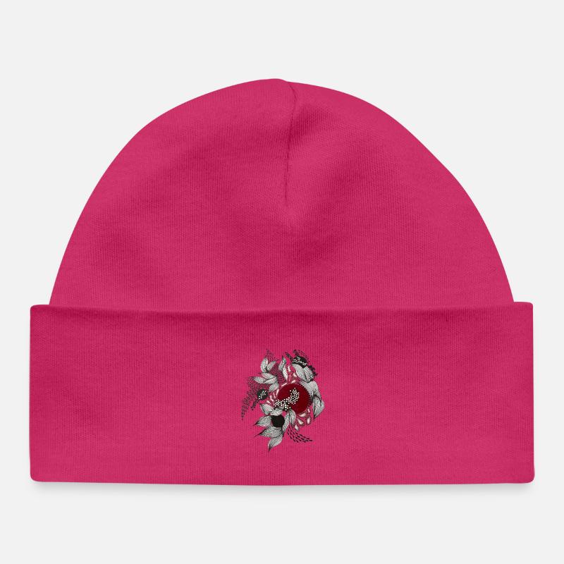 Cercle rouge avec feuilles argentées - Bonnet bébé bio - hot pink