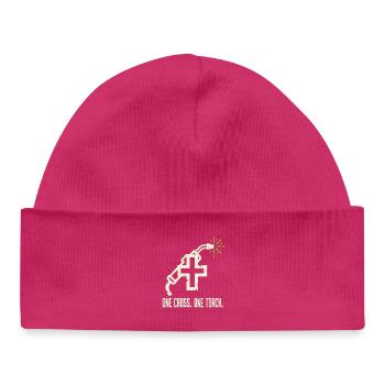 ONE CROSS. ONE TORCH. Welder Motif - Baby Organic Beanie - hot pink - Front