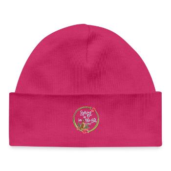 Illustration de lièvres et de cerisiers avec inscription - Bonnet bébé bio - hot pink - Devant