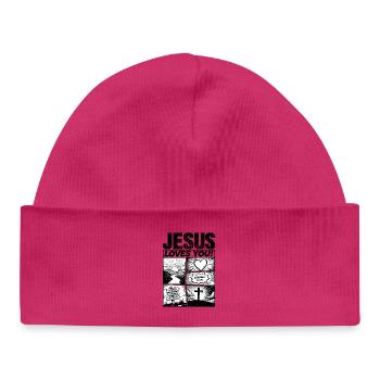 Conception de bandes dessinées « Jésus t’aime » - Bonnet bébé bio - hot pink - Devant