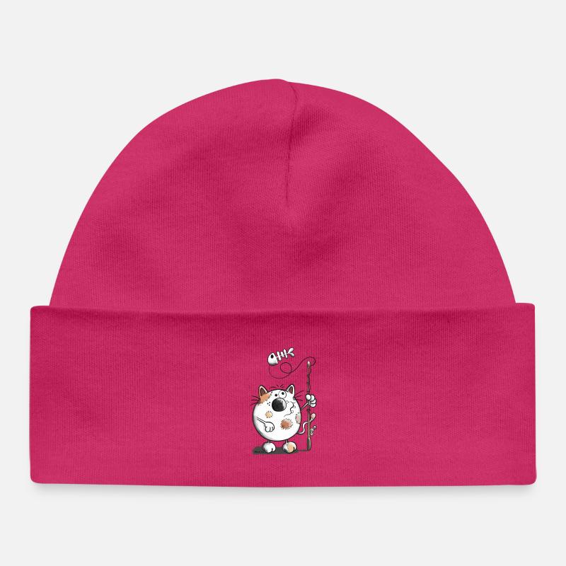 Mignon Chat et poisson - Bonnet bébé bio - hot pink