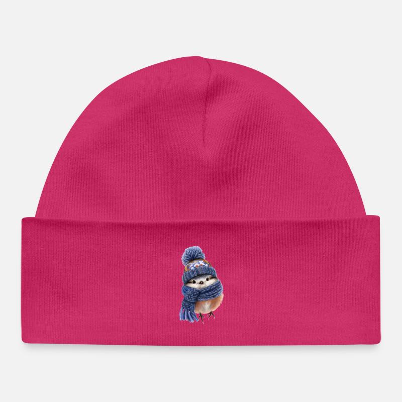 Oiseau d’hiver avec écharpe - Bonnet bébé bio - hot pink