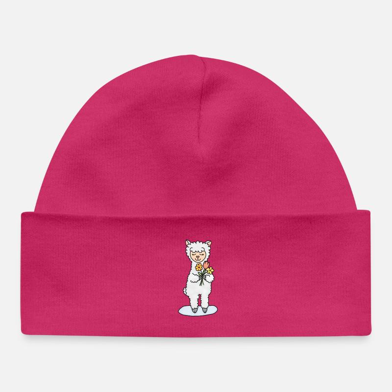 Alpaga avec bouquet de fleurs - Bonnet bébé bio - hot pink