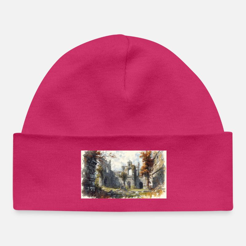 Ruines d'automne en aquarelle - Bonnet bébé bio - hot pink