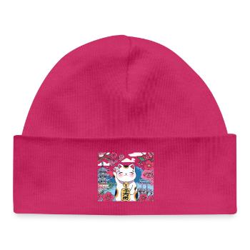 Kawaii Lucky cat Maneki Neko Cherry blossom - Baby Organic Beanie - hot pink - Front