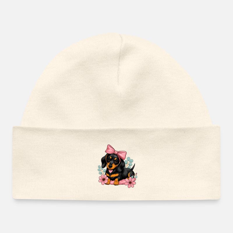 Teckel avec ruban rose et fleurs - Bonnet bébé bio - écru doux