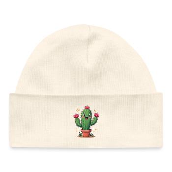 Funny cactus in pot with flowers - Baby Organic Beanie - soft Ecru - Front