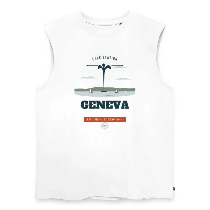 Geneva badge on a women's organic sleeveless t-shirt