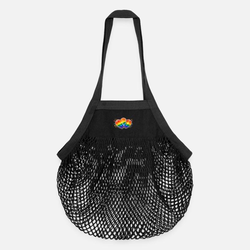 Splendeur arc-en-ciel à double cœur - Sac de courses en mesh bio - noir