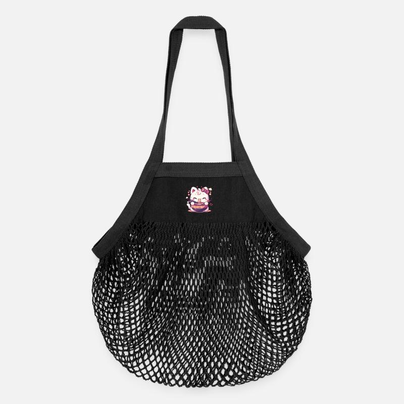 Chat qui mange des Ramens - Sac de courses en mesh bio - noir