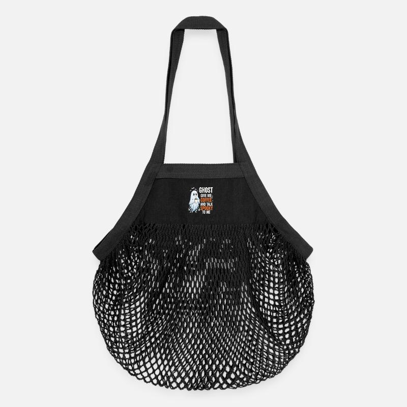 Spooky Ghost with Coffee Illustration - Organic Mesh Shopping Bag - black