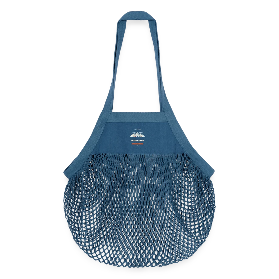 Interlaken badge on a organic mesh shopping bag, denim blue