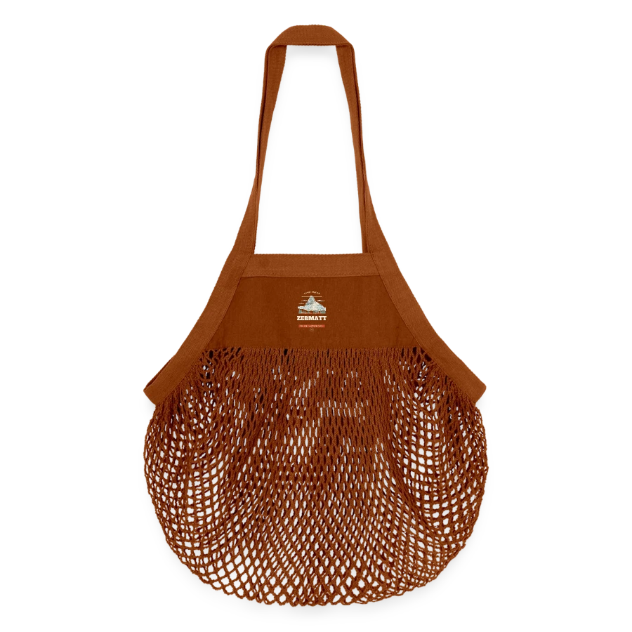 Zermatt badge on a organic mesh shopping bag, texas orange