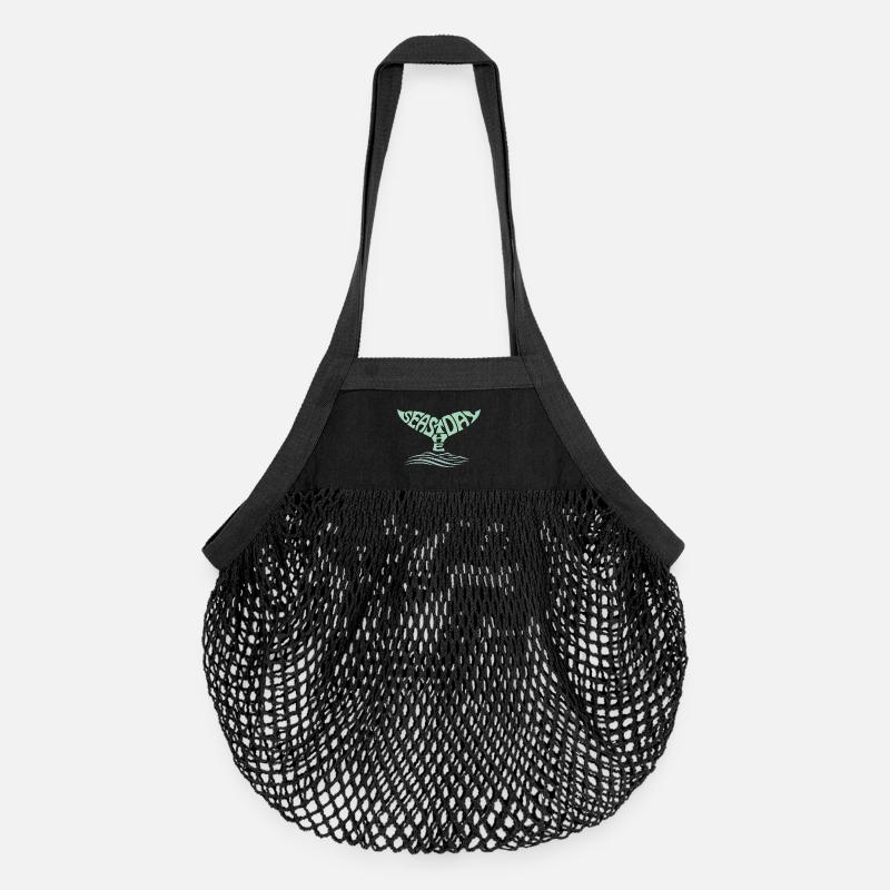 Seas the Day Whale Tail and Ocean Waves  - Organic Mesh Shopping Bag - black