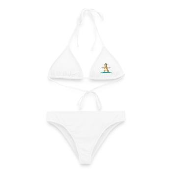 Yoga : Girafe Animal faisant la posture du guerrier - Bikini femme - blanc - Devant - AI Model Female 172 dark (172cm)