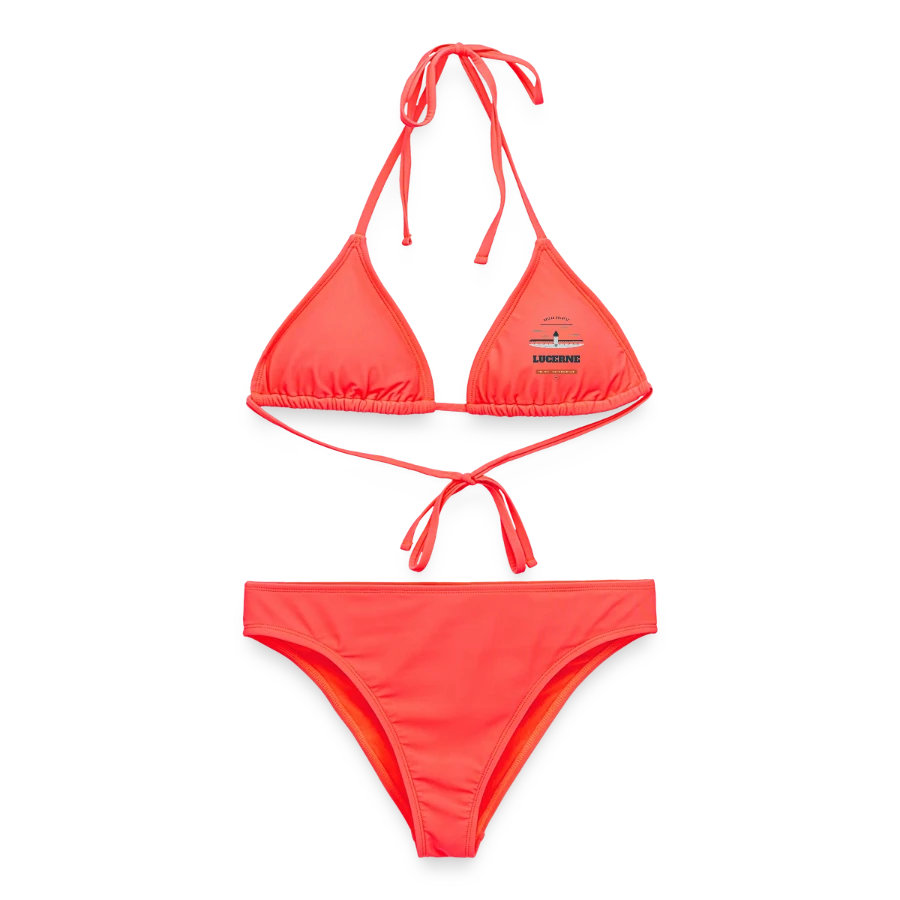 Lucerne badge on a women's bikini, coral