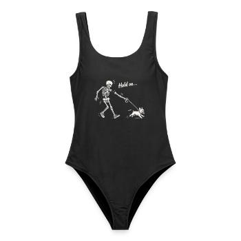Skelett spaziert mit French Bulldog dunkler Humor - Frauen Badeanzug - Schwarz - Vorne - AI Model Female 172 light (172cm)