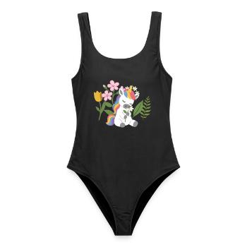 Sitzendes Einhorn mit Gänseblümchen · Natur - Frauen Badeanzug - Schwarz - Vorne - AI Model Female 172 light (172cm)