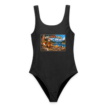 Wandern, grillen, entspannen – Campfire Fox - Frauen Badeanzug - Schwarz - Vorne - AI Model Female 172 light (172cm)