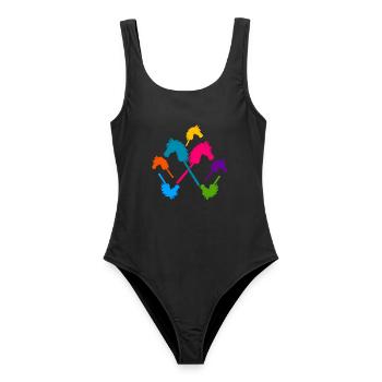 Hobby-Futter – Bunte Stockpferde - Frauen Badeanzug - Schwarz - Vorne - AI Model Female 172 light (172cm)