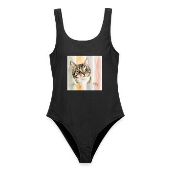 Pastellkatze Aquarellstreifen Katze Maus - Frauen Badeanzug - Schwarz - Vorne - AI Model Female 172 light (172cm)