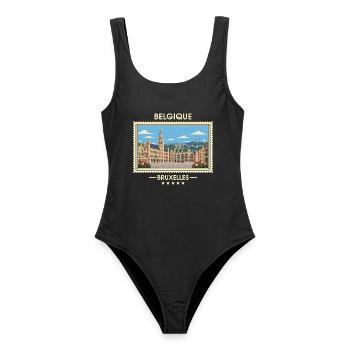 Belgien Brüssel Vintage Reisemarke - Frauen Badeanzug - Schwarz - Vorne - AI Model Female 172 light (172cm)