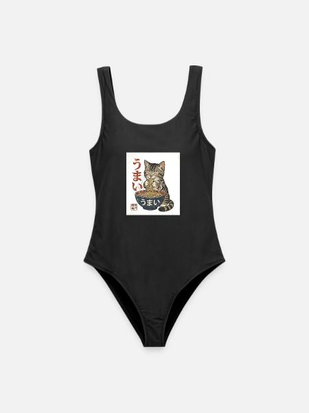 Kawaii Katze isst Ramen – Umai Japan Retro - Frauen Badeanzug - Schwarz