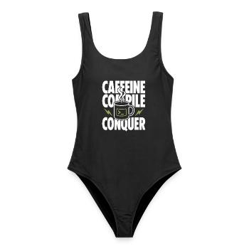 Caffeine Compile Conquer – Entwickler Kaffee Humor - Frauen Badeanzug - Schwarz - Vorne - AI Model Female 172 light (172cm)