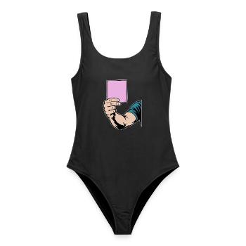 Pinke Karte - Frauen Badeanzug - Schwarz - Vorne - AI Model Female 172 light (172cm)