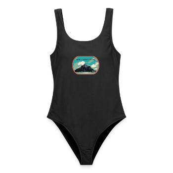 Illustration en bleu et vert du Mont Saint Michel - Maillot de bain femme - noir - Devant - AI Model Female 172 light (172cm)