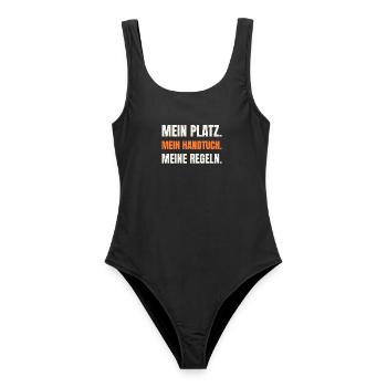 Sauna Humor: Mein Platz, mein Handtuch - Frauen Badeanzug - Schwarz - Vorne - AI Model Female 172 light (172cm)