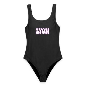 Lyon in Bubble Letterpress Weiß Pink - Frauen Badeanzug - Schwarz - Vorne - AI Model Female 172 light (172cm)