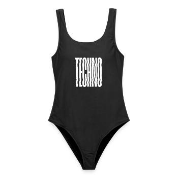 Techno Wave verzerrte Typografie - Frauen Badeanzug - Schwarz - Vorne - AI Model Female 172 light (172cm)