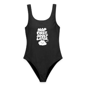 Nap First, Adult Later – Lustiger Schlafspruch - Frauen Badeanzug - Schwarz - Vorne - AI Model Female 172 light (172cm)