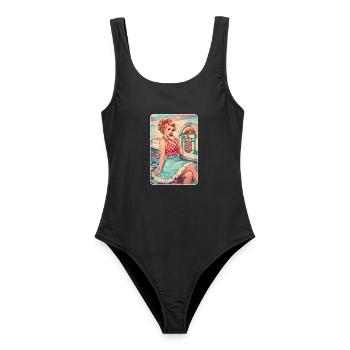 Rockabilly Pin-Up Girl im 50s Retro Diner - Frauen Badeanzug - Schwarz - Vorne - AI Model Female 172 light (172cm)