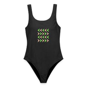 Zickzack-Kontrast Muster - Frauen Badeanzug - Schwarz - Vorne - AI Model Female 172 light (172cm)
