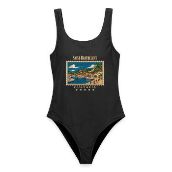 Saint-Barthélemy Gustavia Vintage Reisemarke - Frauen Badeanzug - Schwarz - Vorne - AI Model Female 172 light (172cm)