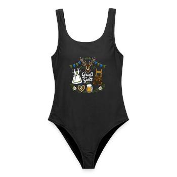 Grüß Gott Hirschgeweih Dirndl Bier Lederhose - Frauen Badeanzug - Schwarz - Vorne - AI Model Female 172 light (172cm)