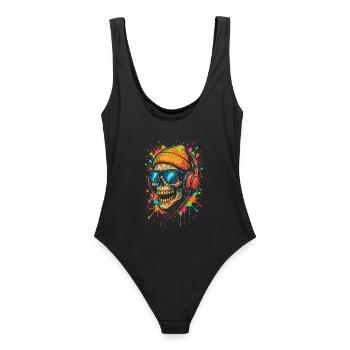 Buntes Skull mit Kopfhörern und Sonnenbrille - Frauen Badeanzug - Schwarz - Hinten - AI Model Female 172 light (172cm)