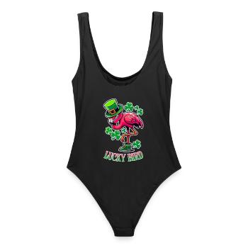 Lucky Bird – St. Patrick's Flamingo - Women's Swimsuit - black - Back - AI Model Female 172 light (172cm)