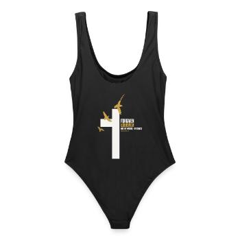 FORGIVEN Kreuz Tauben Gold Weiß Vers - Frauen Badeanzug - Schwarz - Hinten - AI Model Female 172 light (172cm)