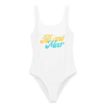 Ab ans Meer – Sommerlicher Retro-Schriftzug - Frauen Badeanzug - Weiß - Vorne - AI Model Female 172 dark (172cm)