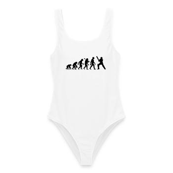 Cricket Evolution – Schlagmann – Ich Liebe Cricket - Frauen Badeanzug - Weiß - Vorne - AI Model Female 172 dark (172cm)