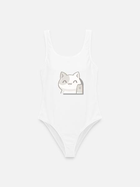 Winkende Kawaii-Katze,Glücksbringer im Chibi-Stil - Frauen Badeanzug - Weiß