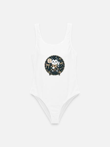 Lucky Cat Ukiyoe Gold auf Navy - Frauen Badeanzug - Weiß
