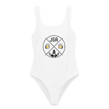 JGA Bräutigam Handzeichen Bier Kreis Symbol POS 2C - Frauen Badeanzug - Weiß - Vorne - AI Model Female 172 dark (172cm)