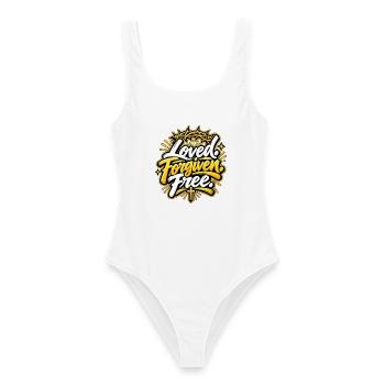 Loved. Forgiven. Free. – Geliebt. Vergeben. Frei. - Frauen Badeanzug - Weiß - Vorne - AI Model Female 172 dark (172cm)